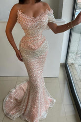 Gorgeous Pink Strapless Mermaid Beaded Sequined Sleeveless Long Evening Dresses With Pearls